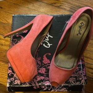 Coral suede peep toe heels